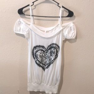 #13 A medium white Rue21 off the shoulders top.